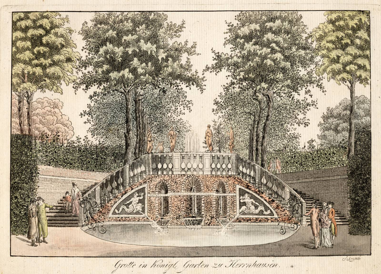 Kolorierter Stich Kleine Kaskade um 1800