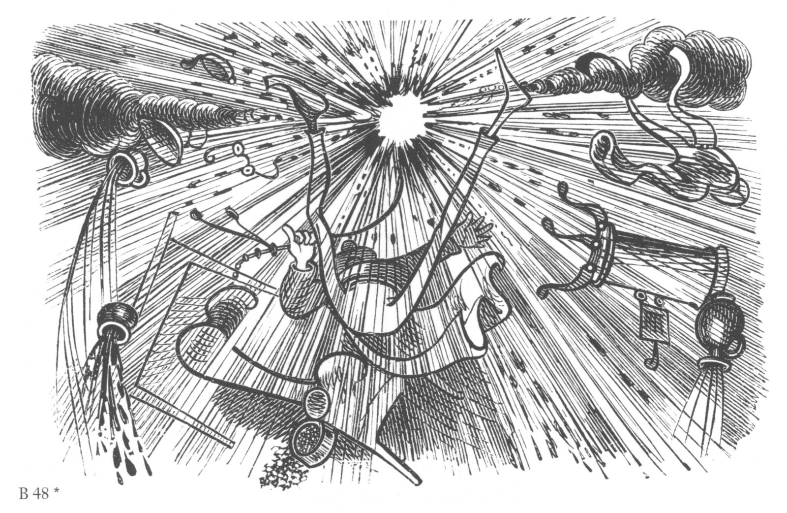 Zu sehen ist eine Zeichnung von Wilhelm Busch aus der Max und Moritz-Sammlung. Eine chaotische Szene, in der durch eine Explosion Gegenstände und ein Mensch nach außen geschleudert werden.