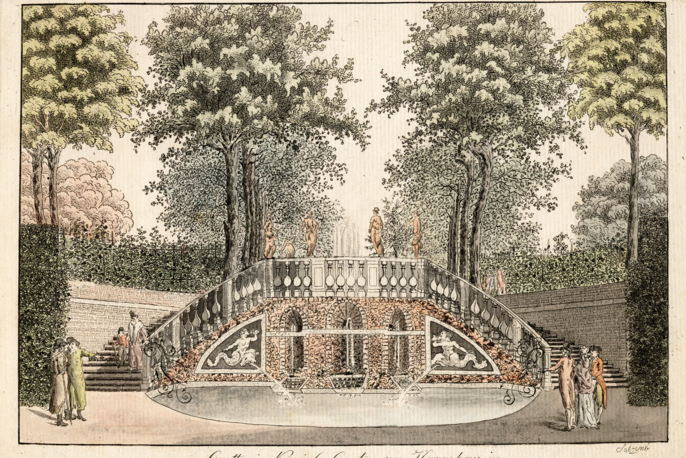 Kolorierter Stich Kleine Kaskade um 1800