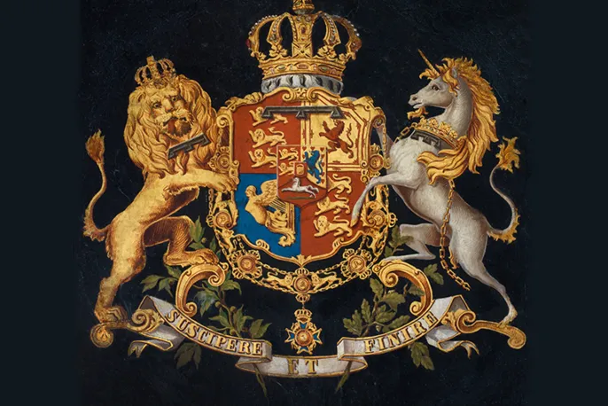 Wappen des Königreichs Hannover. Der Schild besteht aus dem vierfeldrigen Wappen Großbritanniens mit aufgelegtem Turnier-Kragen (Zeichen der engl. Prinzen, hier Ernst August), und dem dreifeldrigen Mittelschild Hannovers mit kurfürstlicher Reichskrone im Herzschild. Umgeben wird er von der hannoverschen St. Georgs-Ordenskette (gestiftet 1839). Die beiden Schildhalter: Löwe und Einhorn zeigen auch den Turnierkragen. Über dem Schild die hannoversche Königskrone und darunter das Spruchband „SUSCIPERE ET FINIRE“, Ölgemälde auf Papier, 1839-1851