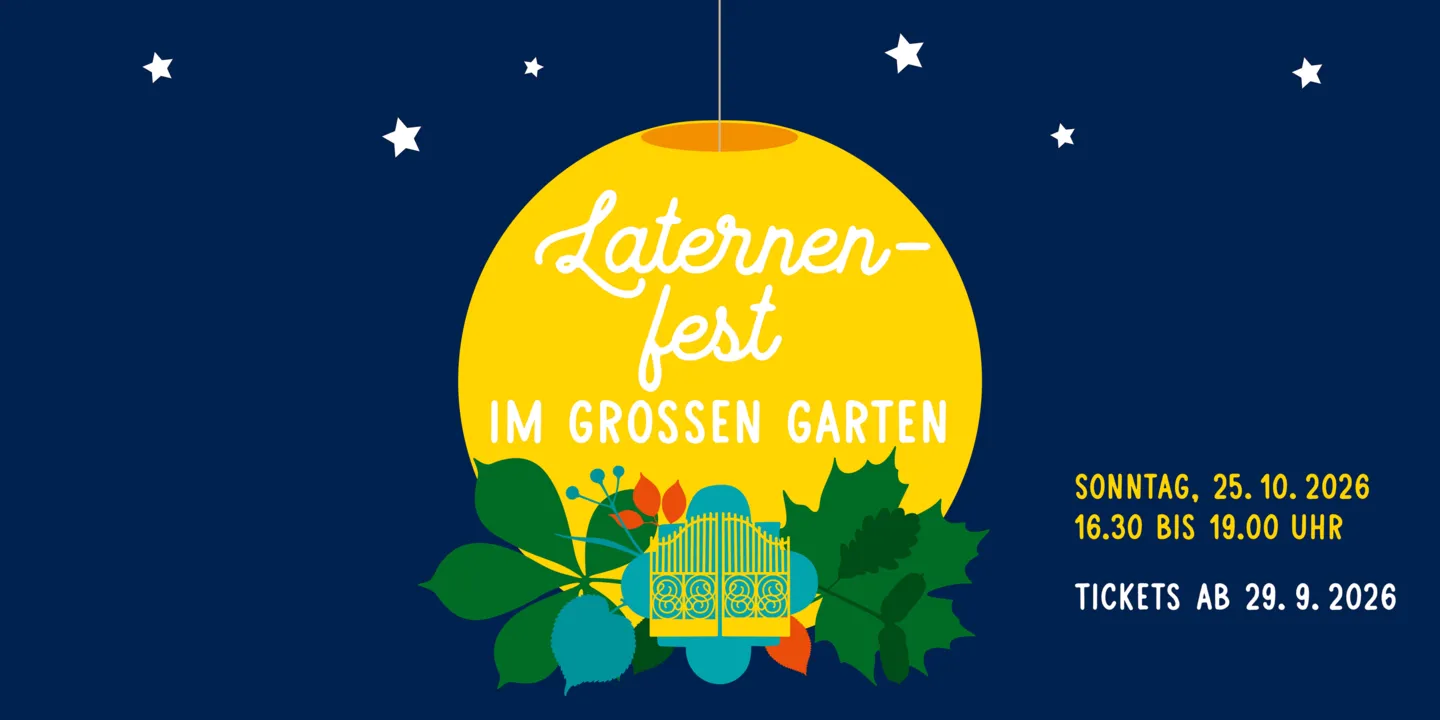 Plakat vom Laternenfest im Großen Garten mit stilisiertem Mond und Goldenem Tor