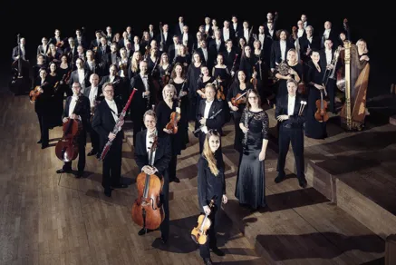 Ein Orchester posiert für die Kamera.