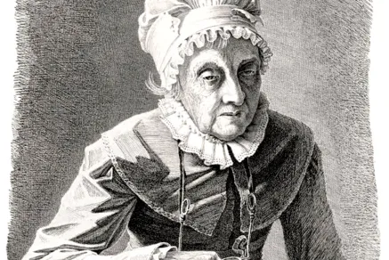 Caroline Herschel (16.3.1750 bis 9.1.1848), Astronomin, im Alter von 97 Jahren. Kupferstich von G. Busse, 1847