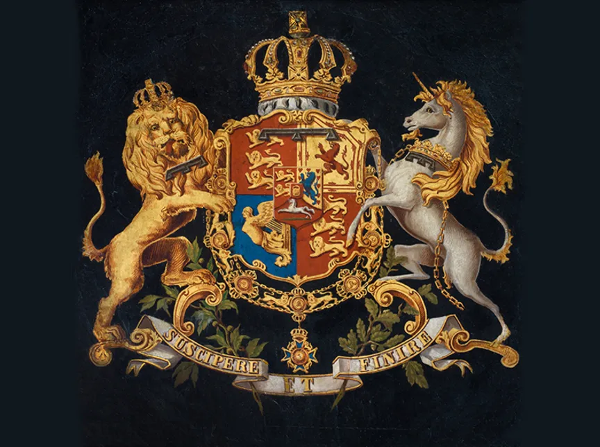 Wappen des Königreichs Hannover. Der Schild besteht aus dem vierfeldrigen Wappen Großbritanniens mit aufgelegtem Turnier-Kragen (Zeichen der engl. Prinzen, hier Ernst August), und dem dreifeldrigen Mittelschild Hannovers mit kurfürstlicher Reichskrone im Herzschild. Umgeben wird er von der hannoverschen St. Georgs-Ordenskette (gestiftet 1839). Die beiden Schildhalter: Löwe und Einhorn zeigen auch den Turnierkragen. Über dem Schild die hannoversche Königskrone und darunter das Spruchband „SUSCIPERE ET FINIRE“, Ölgemälde auf Papier, 1839-1851