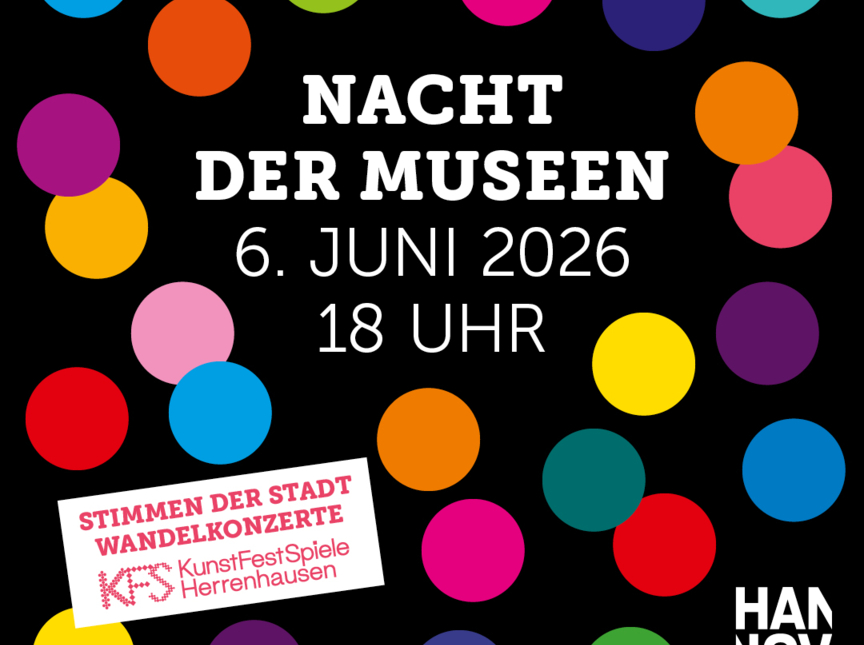 Werbung für Nacht der Museen, schwarzer Grund, bunte Kreise, Schriftzug Nacht der Museen